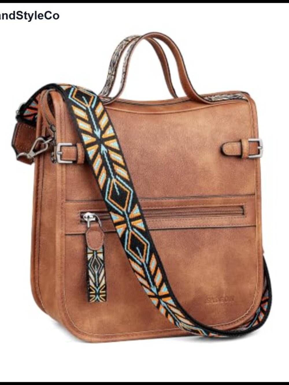 Structured Faux Leather Crossbody Bag with Jacquard Strap